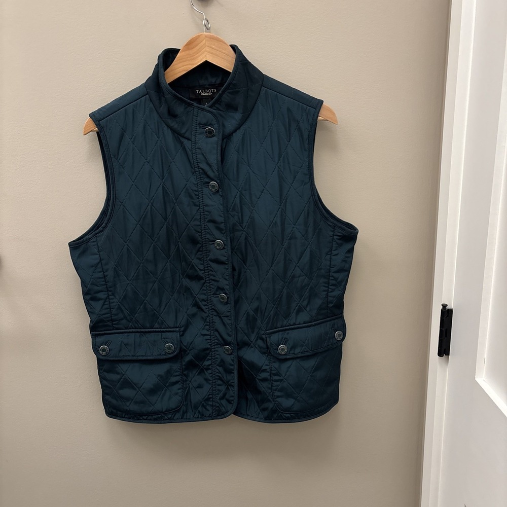 TALBOTS Womens Green Diamonds Quilted Vest Collared Gold Buttons Front Pocket L